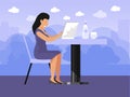 Freelance girl working on laptop vector illustration. Woman freelancer at home workplace. Businesswoman works on terrace