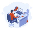 Freelance home office. Male character working at laptop, workspace with desktop computer and chancellery vector