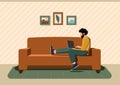 Freelance home or studying concept. Remote work. Man works sitting at home. Male with computer lies on the couch. Cartoon flat