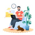 Freelance home work flat vector illustration, cartoon bearded happy hipster sitting in modern armchair, man freelancer