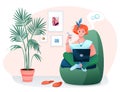 Freelance home work flat vector illustration, cartoon woman freelancer character works online with laptop in home