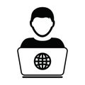 Freelance icon vector person with laptop computer male user person profile avatar globe symbol for working online in a flat color