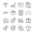 Freelance jobs line icon set 1. Included the icons as graphic design, coding, logistic, translate, web design and more.