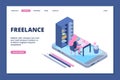 Freelance landing. Online office concept. Isometric girl works online with computer