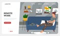 Freelance landing page. Cartoon woman in casual clothes with laptop working comfortably from home, remote online