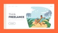 Freelance Landing Page Template. Relaxed Businessman in Summer Wear Sitting on Daybed on Exotic Tropical Beach
