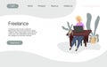 Freelance landing page template. Woman working on computer in quarantine flat illustration