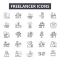 Freelance line icons for web and mobile design. Editable stroke signs. Freelance outline concept illustrations