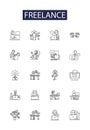 Freelance line vector icons and signs. Outsourcer, Gigging, Self-employed, Contractor, Jobbing, Hiring, Virtual