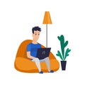 Freelance man working at home in comfortable conditions. Cartoon character work from home. Spend time at home during Royalty Free Stock Photo