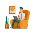 Freelance man working at home in comfortable conditions. Cartoon character work from home. Spend time at home during Royalty Free Stock Photo