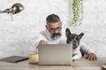 Freelance man working from home with his dog sitting together in office Royalty Free Stock Photo