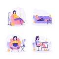 Freelance people work in comfortable conditions set vector flat illustration. Freelancer character working from home or Royalty Free Stock Photo