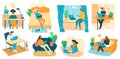 Freelance people work in comfortable conditions set flat illustration. Man and woman self employed concept