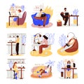 Freelance people work in comfortable cozy place set vector flat illustration. Freelancer multiracial character working