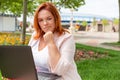 Freelance. Portrait of caucasian thoughtful woman working at a laptop in a Park. Concept of remote work and online business Royalty Free Stock Photo