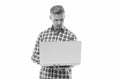 Freelance programmer. Computer user isolated on white. Handsome man use computer. Computer technology. Portable pc