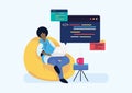 Freelance programmer or engineering developer working, coding, and programming on laptop at home. Flat vector illustration for web