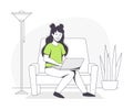 Freelance Remote Work with Young Woman Sitting on Armchair with Laptop at Home Outline Vector Illustration Royalty Free Stock Photo