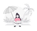 Freelance Remote Work with Young Woman Sitting on Beach with Laptop Outline Vector Illustration Royalty Free Stock Photo