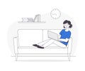 Freelance Remote Working with Young Woman Lounging on Sofa with Laptop at Home Outline Vector Illustration