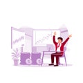 Freelance stockbroker celebrating successful trading sitting near his desk and raising hands as a symbol of victory and success.