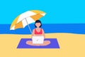 Freelance or studying concept, social distance. Man freelance remote working place using laptop on the beach during Royalty Free Stock Photo