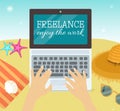 Freelance vector illustration. Enjoy the world banner, poster. Concept of working on the seaside with hat, towel Royalty Free Stock Photo