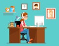 Freelance woman working at home with computer. Vector illustration in flat style