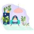 Freelance woman working online on laptop, female sitting in chair in cozy interior with lots houseplants. Concept of