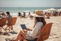 Freelance work on beach remote job, vacation, e learning, social distancing, connection concept Royalty Free Stock Photo