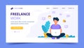 Freelance work landing page template. Man working with laptop in the park. Illustration for freelancing, remote work