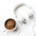 Freelance composition with hot drink and headphones isolated on white background Royalty Free Stock Photo