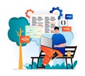 Freelance working concept in modern flat design. Man developer works at laptop while sitting on park bench. Programmer coding code