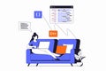Freelance working concept with people scene in flat outline design.