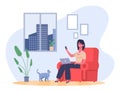 Freelance working person concept. Businesswoman sitting in armchair with laptop and smartphone. Female character