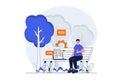 Freelance working web concept with character scene. Man programmer working with code while sitting in park. People situation in