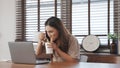 Freelancer asian woman working on the desk with her laptop eating noodles in the living room Royalty Free Stock Photo