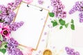 Freelancer or blogger workspace with clipboard, notebook, envelope, lilac, and tulips on white background. Flat lay, top view. Royalty Free Stock Photo