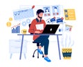Freelancer. Cartoon man sitting and working on laptop. Home workplace. Remote multitasking job. Effective work at Royalty Free Stock Photo
