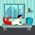 Freelancer character with laptop working on home vector