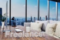 freelancer cozy couch in front of modern workspace with computer and skyline view work from home concept 3D Illustration