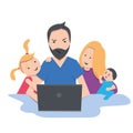 Freelancer dad works at home on notebook with children, wor-life balance concept