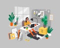 Freelancer designer girl working in nordic style home office with cat. Daily life and everyday routine scene by young