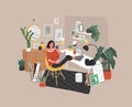 Freelancer designer girl working in nordic style home office with cat. Daily life and everyday routine scene by young
