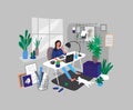 Freelancer designer girl working in nordic style home office with cat. Daily life and everyday routine scene by young