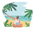 Freelancer or Distant Employee Work on Beach, Freedom Concept. Businessman Character in Summer Wear Sitting with Laptop Royalty Free Stock Photo