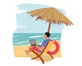 Freelancer or Distant Employee Work on Summer Vacation. Businessman Character in Summer Sit on Daybed under Umbrella