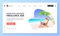Freelancer entrepreneur works on laptop on beach. Vector illustration. Online work on vacation and freelance concept