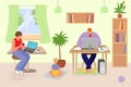 Freelancer family work at home, vector illustration. Man woman people character use computer, couple in cartoon internet